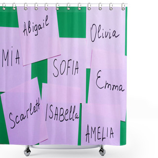 Personality  Top View Of Pale Purple Cards With Female Names On Green Background Shower Curtains