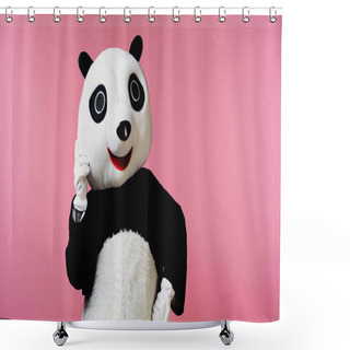Personality  Person In Happy Panda Bear Costume Standing Isolated On Pink  Shower Curtains