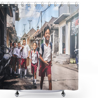 Personality  BALI, INDONESIA - MAY 23, 2018: Group Of Balinese Schoolboys In A School Uniform On The Street In The Village. Shower Curtains