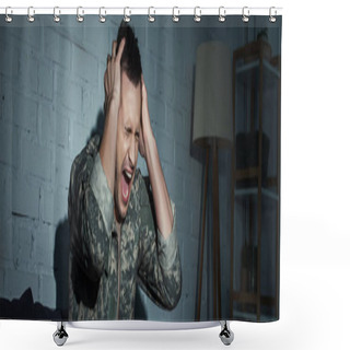 Personality  Angry Soldier With Mental Disorder Screaming At Home At Night, Banner  Shower Curtains
