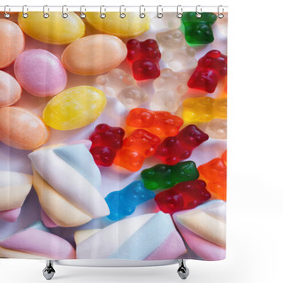 Personality  Close Up View Of Marshmallows And Colorful Sweets On White Background  Shower Curtains