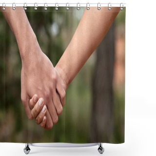 Personality  Lovers Couple Holding Hands In A Forest (summer/spring) Shower Curtains