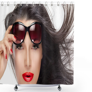 Personality  Beautiful Model Holding Fashion Sunglasses On Forehead Shower Curtains