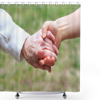 Personality  Senior And Young Women Holding Hands Shower Curtains