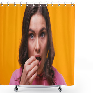 Personality  Shocked Woman Eating Popcorn While Watching Breathtaking Film Isolated On Yellow Shower Curtains
