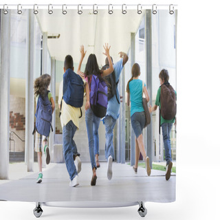 Personality  Rear View Of Elementary School Pupils Running Outside Shower Curtains