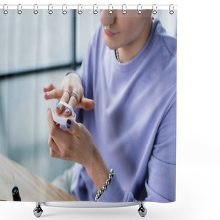 Personality  Cropped View Of Transgender Person Holding Sponge And Face Powder In Studio  Shower Curtains