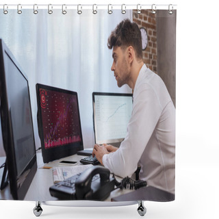 Personality  Businessman Using Computer With Graphs Of Finance Market On Monitors Near Telephone On Blurred Foreground  Shower Curtains