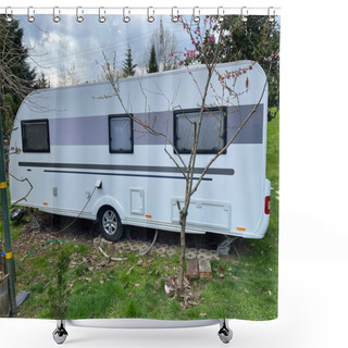 Personality  A Travel Trailer At A Caravan Campsite. Caravan Camping Concept. Selective Focus. Shower Curtains