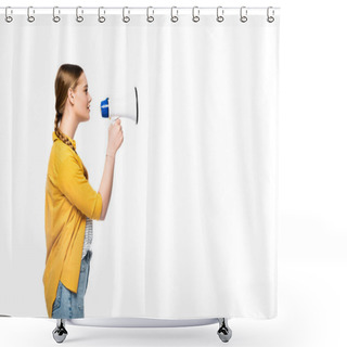 Personality  Side View Of Pretty Girl With Braid Talking In Loudspeaker Isolated On White Shower Curtains