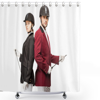 Personality  Serious Young Equestrians In Uniform And Helmets Holding Horseman Sticks While Leaning Back To Back And Looking At Camera Isolated On White  Shower Curtains