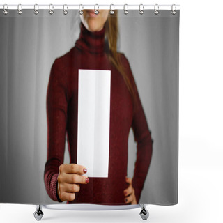 Personality  Woman Showing Blank White Flyer Paper. Leaflet Presentation. Pamphlet Hold Hands. Girl Show Clear Offset Paper. Sheet Template Shower Curtains