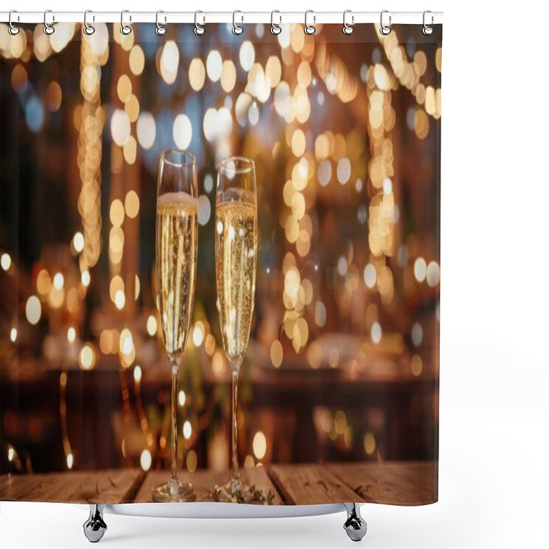 Personality  Engagement party sparkle, fairy lights, and champagne flutes. shower curtains
