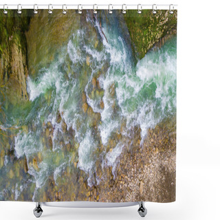 Personality  Top-down Drone View Of Rapids Of Mountain River With Wet Boulders And Pebble Shore Shower Curtains