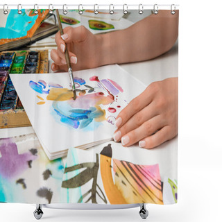 Personality  Selective Focus Of Female Hands Drawing In Album With Watercolor Paints And Paintbrush Shower Curtains