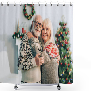 Personality  Happy Senior Couple Embracing While Looking At Camera With Christmas Decoration On Background Shower Curtains