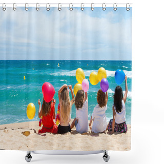 Personality  Children Sitting On Beach With Color Balloons. Shower Curtains