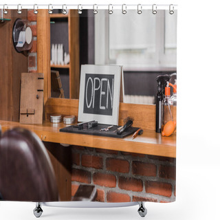 Personality  Blackboard With Open Sign Leaning On Mirror At Barbershop Shower Curtains