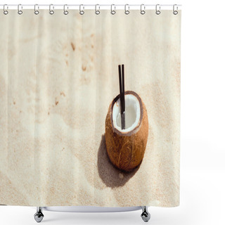 Personality  Selective Focus Of Cocktail In Coconut Shell On Sandy Beach Shower Curtains