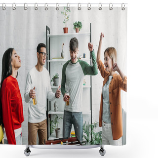Personality  Multicultural Friends Standing Around Football Table After Finishing Game Shower Curtains