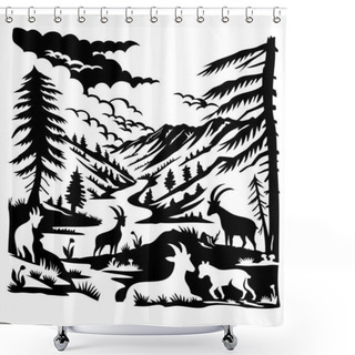 Personality  Swiss Scherenschnitt Or Scissors Cut Illustration Of Silhouette Of Ibex With Val Trupchun Located In Swiss National Park In Western Rhaetian Alps, Switzerland Done In Paper Cut Or Decoupage Style Shower Curtains
