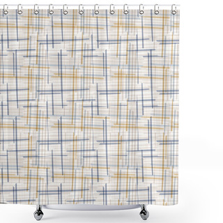 Personality  Seamless Geometric Cross Grid Pattern. French Blue Linen Shabby Chic Style. Old Yellow Blue Woven Texture Background. Interior Wallpaper Home Decor Swatch. Modern Gingham Check Textile All Over Print Shower Curtains