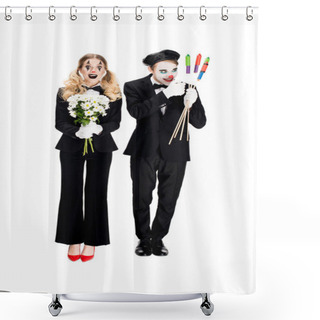 Personality  Crazy Clown Looking At Firecrackers Near Woman With Flowers Isolated On White  Shower Curtains