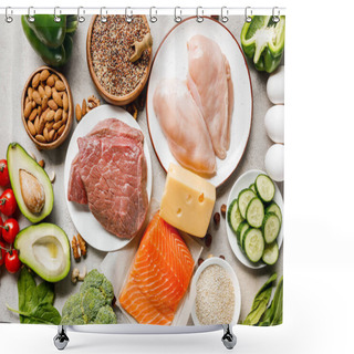 Personality  Top View Of Raw Salmon, Chicken Breasts And Meat On White Plates Near Nuts, Eggs, Cheese And Vegetables, Ketogenic Diet Menu Shower Curtains