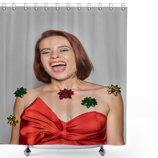 Personality  Merry Christmas, Thrilled Woman In Red Attire With Bows All Over Her Body Laughing On Grey Backdrop Shower Curtains