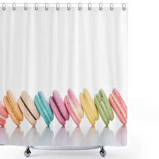 Personality  Row Of Delicious Colorful French Macaroons Of Different Flavors On White Background With Copy Space Shower Curtains