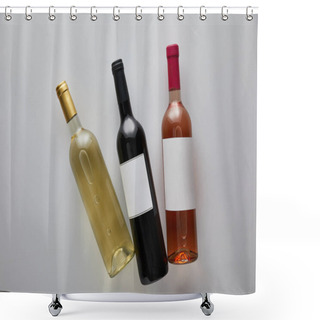 Personality  Top View Of Bottles With White, Red And Rose Wine On White Background Shower Curtains