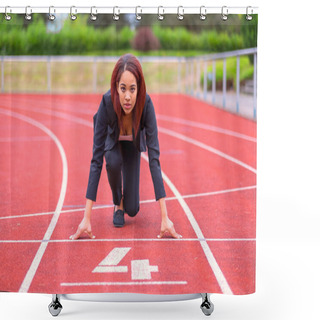 Personality  Conceptual Image Of A Businesswoman On A Race Track In The Ready Position On The Starting Line Facing Towards The Camera Shower Curtains