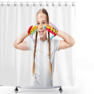 Personality  Smiling Schoolchild Showing Painted Hands With Smiley Icons Isolated On White  Shower Curtains