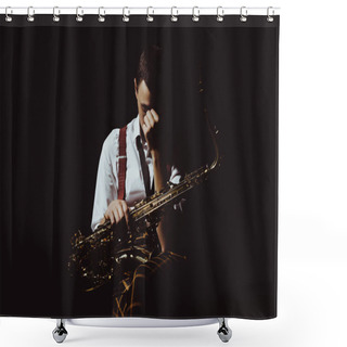 Personality  Young Musician Holding Saxophone Isolated On Black  Shower Curtains
