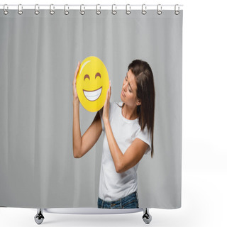 Personality  KYIV, UKRAINE - SEPTEMBER 10, 2019: Attractive Woman Holding Yellow Happy Smiling Emoji, Isolated On Grey Shower Curtains