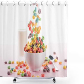 Personality  Selective Focus Of Bright Multicolored Breakfast Cereal Falling In Bowl Near Milk And Spoon On White Background Shower Curtains