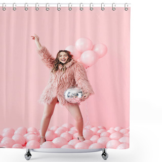 Personality  Trendy Young Woman Have Fun With Party Disco Ball On Pink Balloons Background Shower Curtains