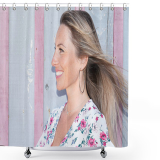 Personality  Smiling Side Profile Portrait Of Blonde Woman Happy With Long Hair Looking Aside On Grey Pink Wooden Background Shower Curtains
