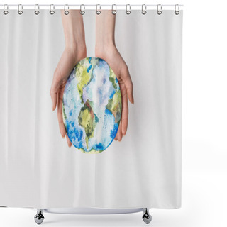 Personality  Cropped Shot Of Woman Holding Handmade Globe In Hands Isolated On Grey, Environment Protection Concept Shower Curtains