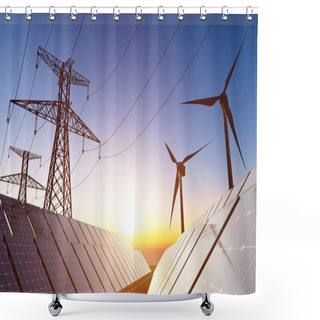 Personality  Photovoltaic Power Station And Wind Turbines In Background During Sunset. Renewable Energy Concept. 3D Rendered Illustration. Shower Curtains