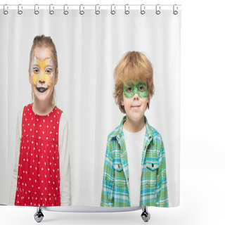 Personality  Cute Friends With Cat Muzzle And Gecko Mask Paintings On Faces Looking At Camera Isolated On White Shower Curtains