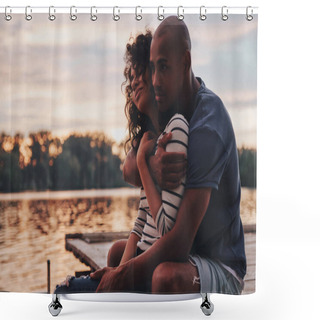 Personality  Romantic Couple In Love Embracing And Sitting On Pier At Lake  Shower Curtains