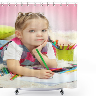 Personality  Cute Little Girl Playing With Multicolor Pencils, On Blue Background Shower Curtains