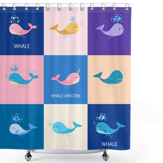Personality  Collection Of Colorful Cute Whales. A Small Cheerful Whale And Pink Unicorn Whale. Shower Curtains