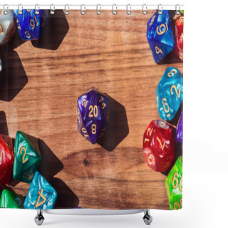 Personality  Close-up Overhead Images Of A Purple 20-sided Die Surrounded By Various Colored And Shaped RPG Dice On A Wooden Table In The Sunlight Shower Curtains