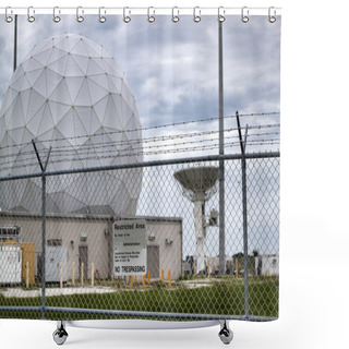 Personality  Launch Tracking Station With Geodesic Radome Against A Darkening Sky Shower Curtains