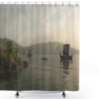 Personality  Longships In The Mist Shower Curtains