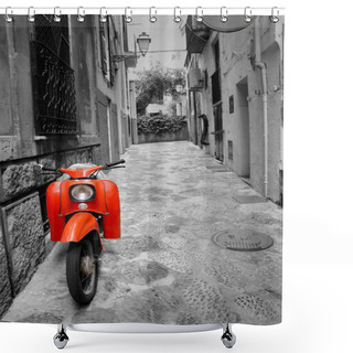 Personality  Mediterranean Street With Old Retro Red Scooter In Mallorca Shower Curtains