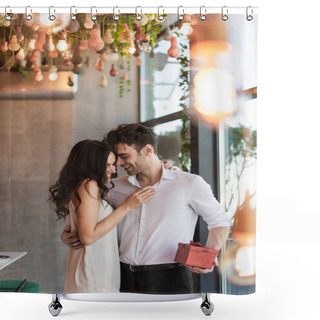 Personality  Happy Man Holding Red Gift Box Near Cheerful Girlfriend In Slip Dress  Shower Curtains