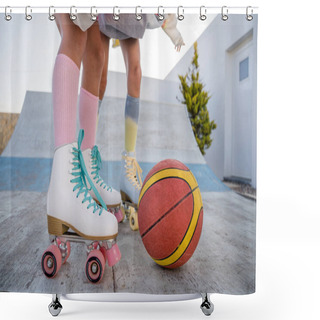 Personality  Cropped View Of The Two Sisters Or Girlfriends Playing With Ball For Basketball Game While Riding At The Roller Skates. Stock Photo Shower Curtains